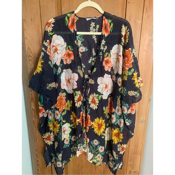 Johnny Was Other - Johnny Was bright floral print short cotton silk coverup kimono